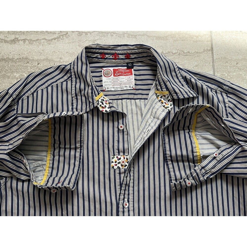 Robert Graham Striped Fleur de lis 46732 Flip Cuff Shirt Men’s Size Large L
